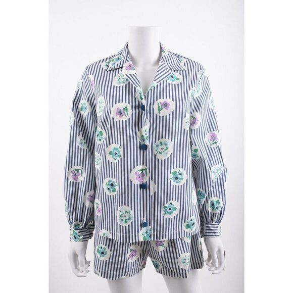 vintage Other - Vintage Womens PJ Pajama Shirt & Shorts Set M Blue White Striped Floral